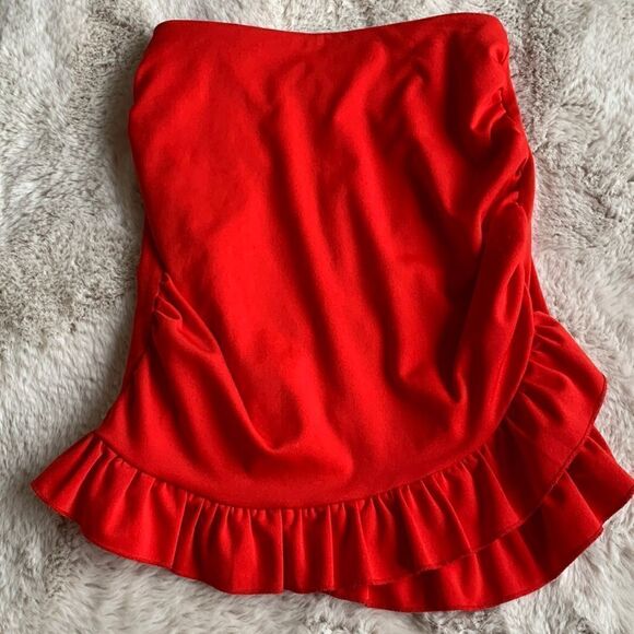 Red Ruffled Skirt Ruched Layered Stretch Bodycon Mini Size Small - Picture 4 of 6
